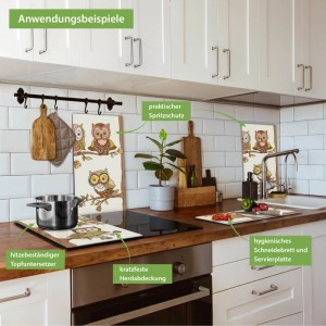 Banjado 2-teilige Herdabdeckplatte aus Glas mit Eulendesign als Schneidebrett und Spritzschutz.