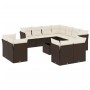 Braune vidaXL Garten-Sofagarnitur aus Rattan mit cremefarbenen Kissen, bestehend aus mehreren Modulen.
