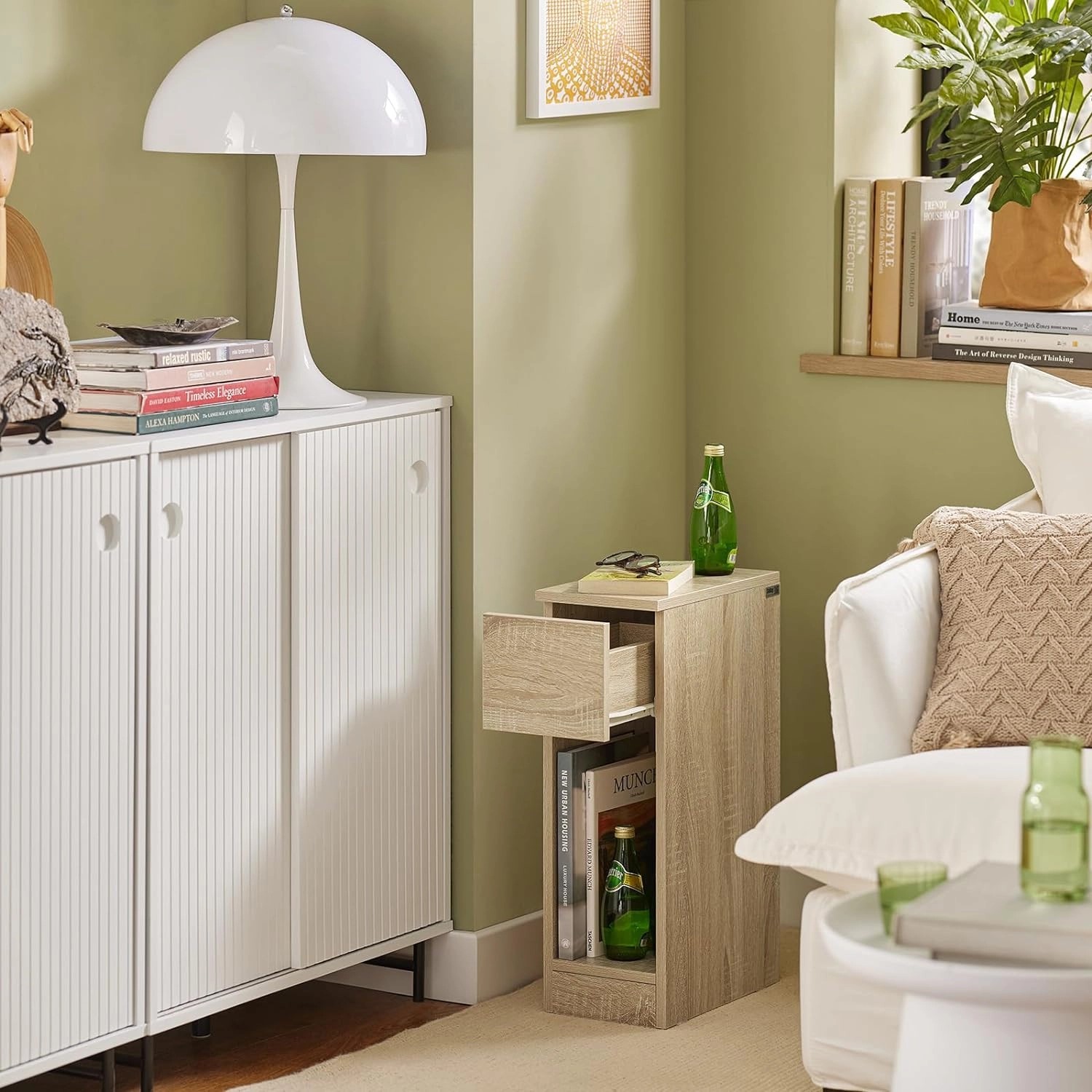 SoBuy Nachttisch FBT111-N in Natur mit offener Schublade und Fach als Beistelltisch.