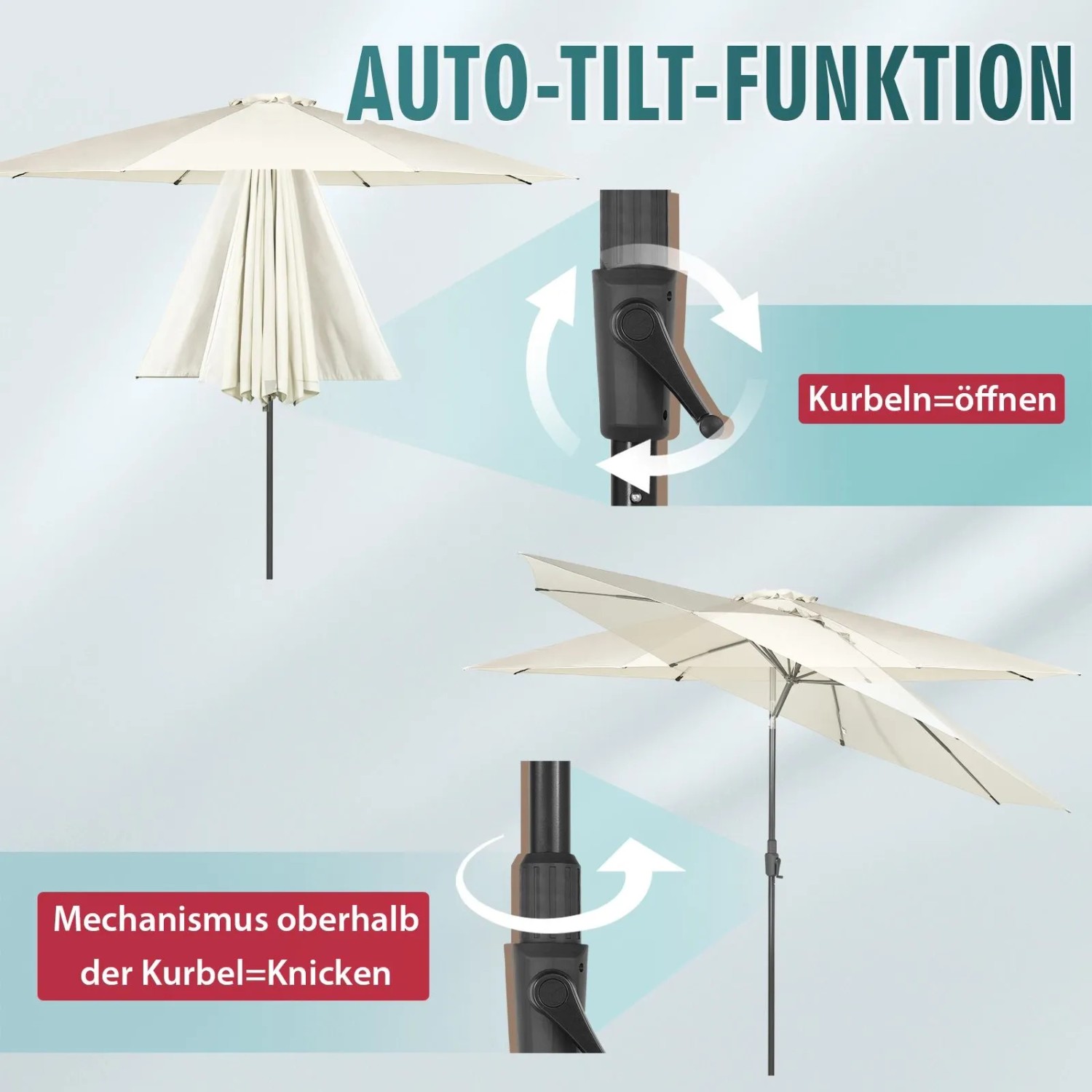 Sekey Sonnenschirm 350cm mit Kurbel und Auto-Tilt Funktion zur Neigungseinstellung.