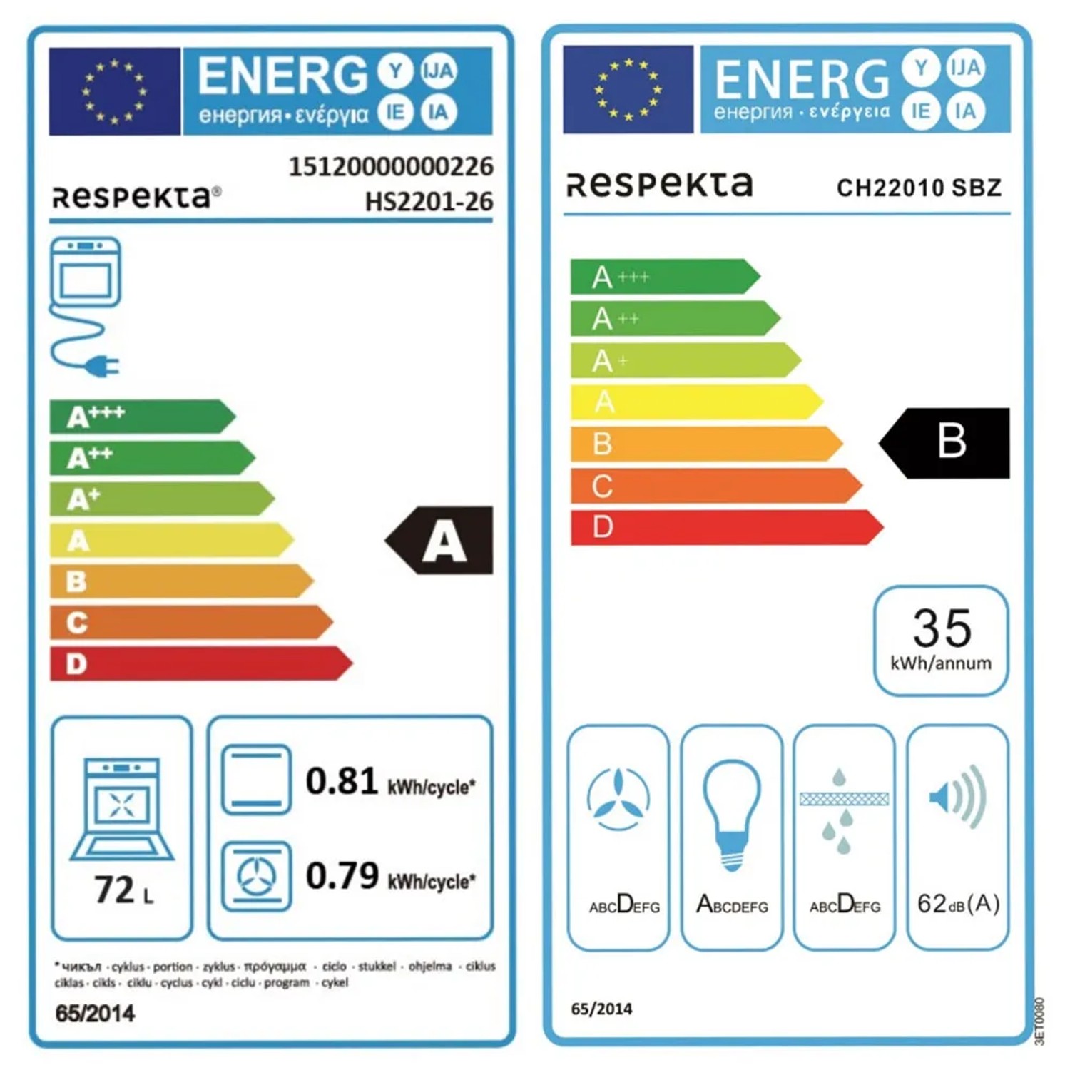 Energieeffizienzlabel für Respekta Einbauherd und Dunstabzugshaube der Premium Küchenzeile.