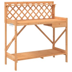 Brauner Pflanztisch mit Rankgitter aus Tannenholz für Gartenarbeit.