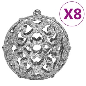 Silberne, glitzernde Weihnachtskugel mit filigranem Muster, 8er Set.