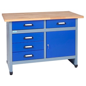 Küpper Werkbank mit Tür und 5 Schubladen, 120 cm breit. Werkstatttisch mit Buchenholzplatte.