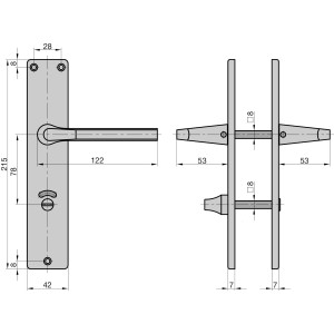 Technische Zeichnung: Basi Langschild-Garnitur Alu F1 eckig, WC/Bad-Lochung mit Maßen.