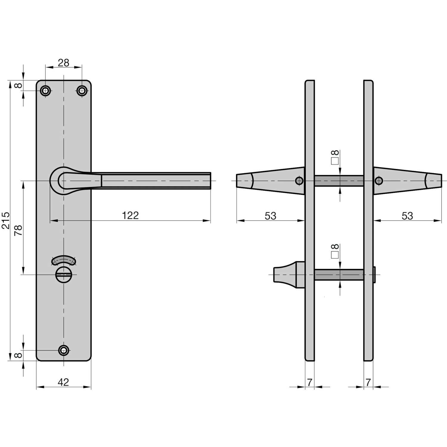 Technische Zeichnung: Basi Langschild-Garnitur Alu F1 eckig, WC/Bad-Lochung mit Maßen.