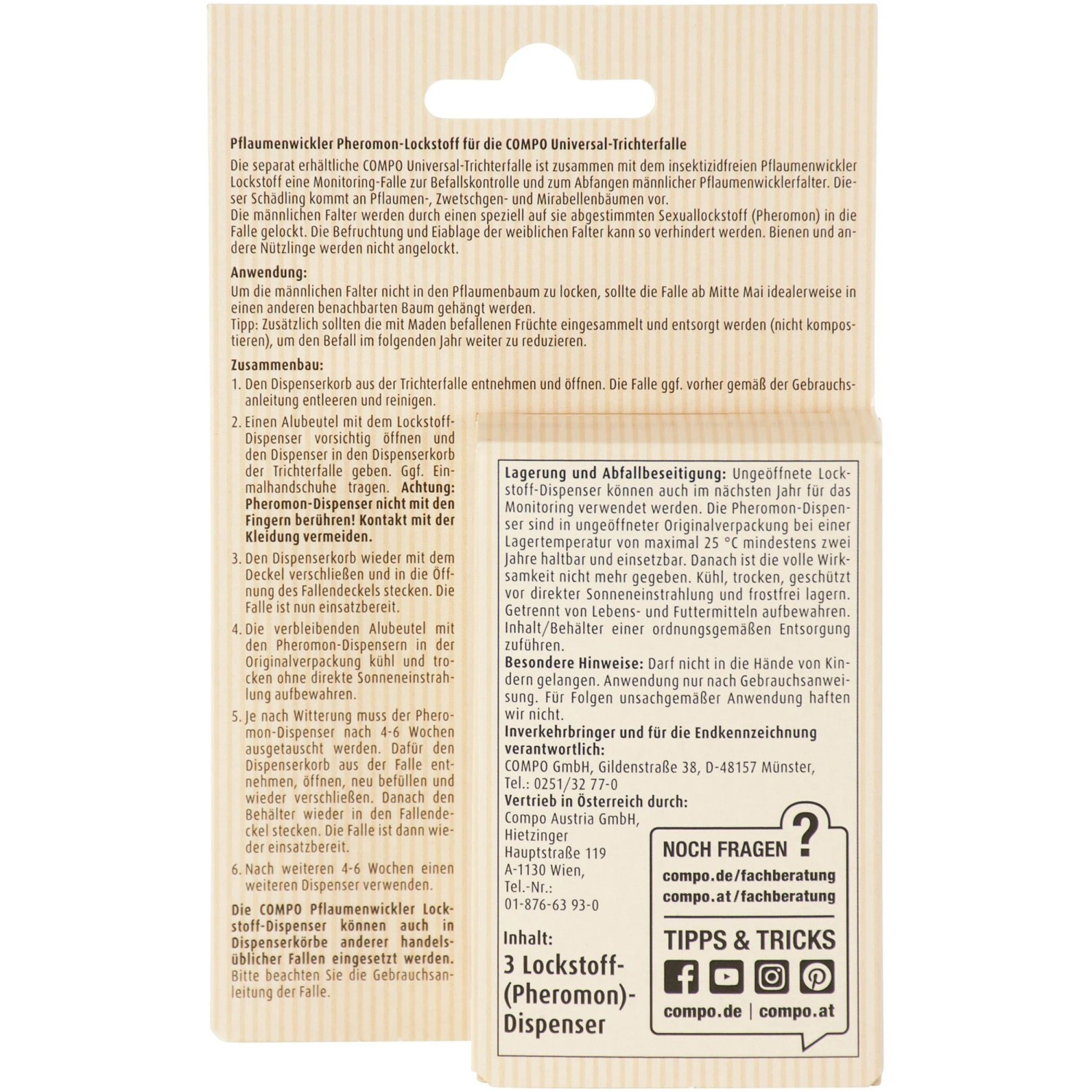 Compo BIO Pflaumenwickler Lockstoff, 3er Pack für Trichterfalle zur Schädlingsbekämpfung.