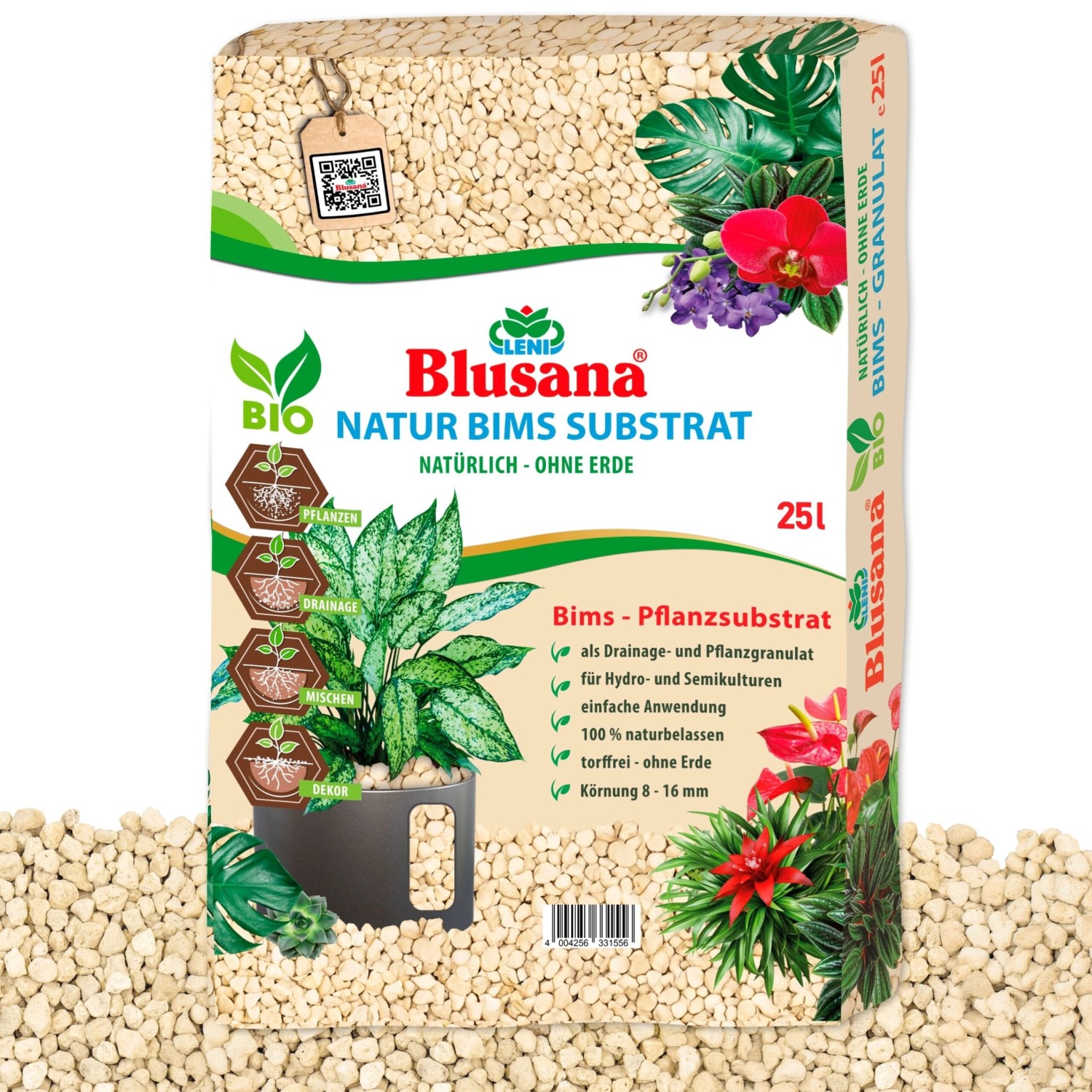 Blusana Bims Pflanzsubstrat mineralisches Vulkangestein Körnung 8-16 mm 25 l
