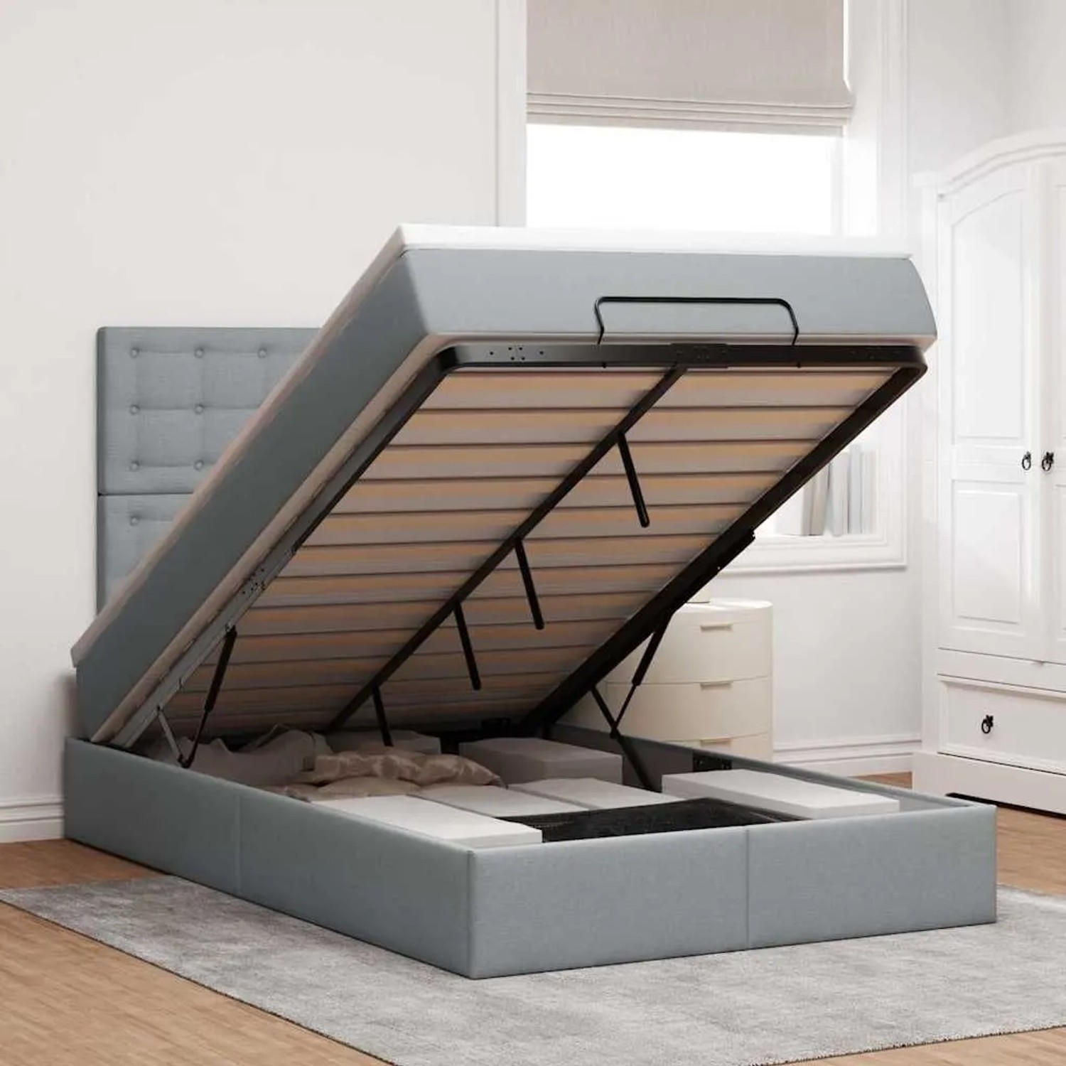 vidaXL Ottoman-Bett mit Matratze und LEDs Hellgrau 120x190 cm Stoff 3314155