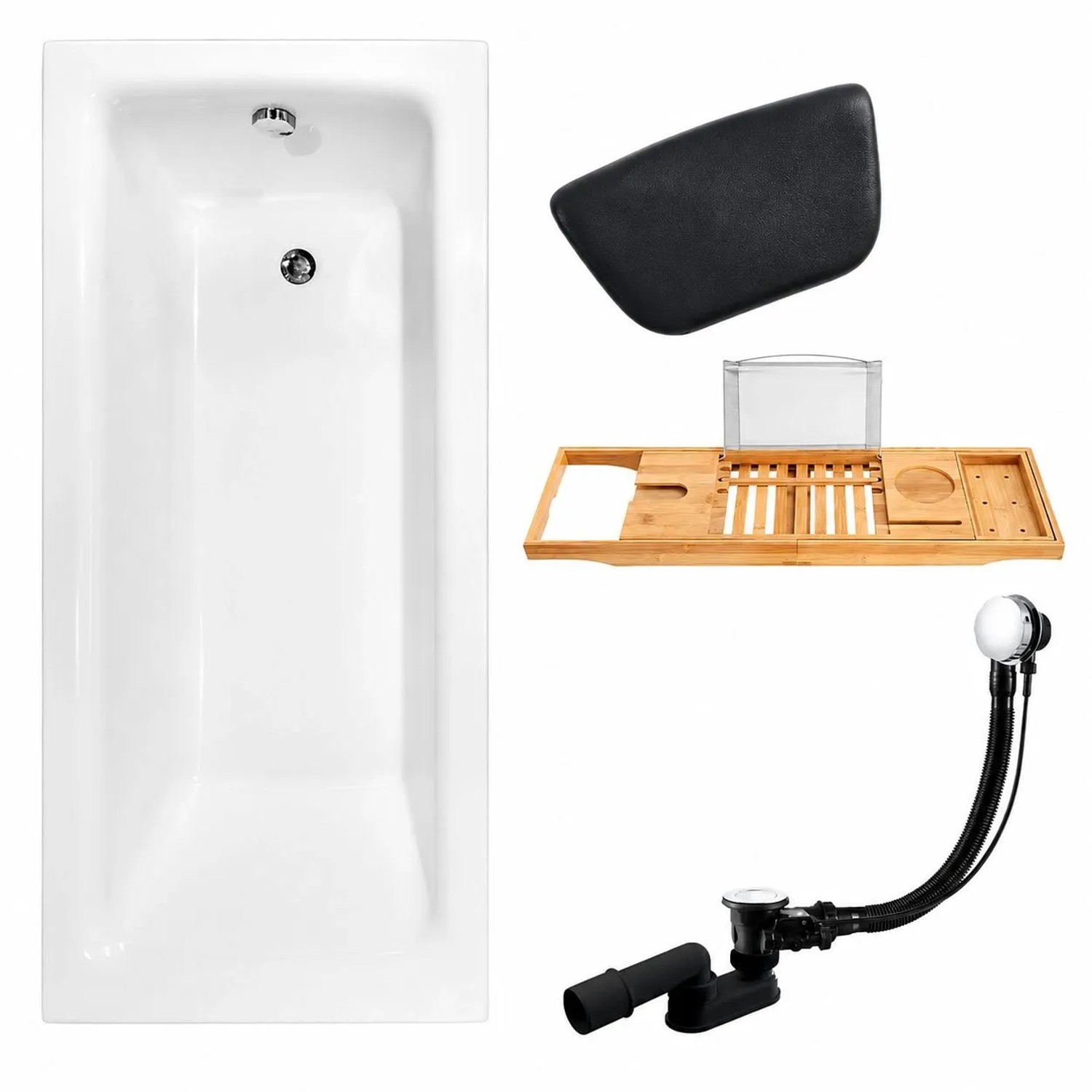 KOLMAN Badewanne Rechteck 100 x 70 Cm Mit Badewannenablage Mit Kopfstütze Inkl. Ablauf Und Füße Mit Bambus-Badewannenablage