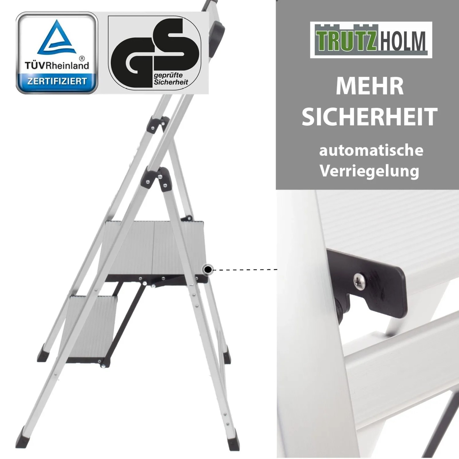 TRUTZHOLM Alu Trittleiter, 2 Stufen, klappbar, mit Handlauf, silberfarben.
