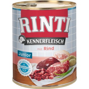 Rinti Kennerfleisch Junior Rind, 800g Dose Hunde-Nassfutter mit hohem Fleischanteil für junge Hunde.