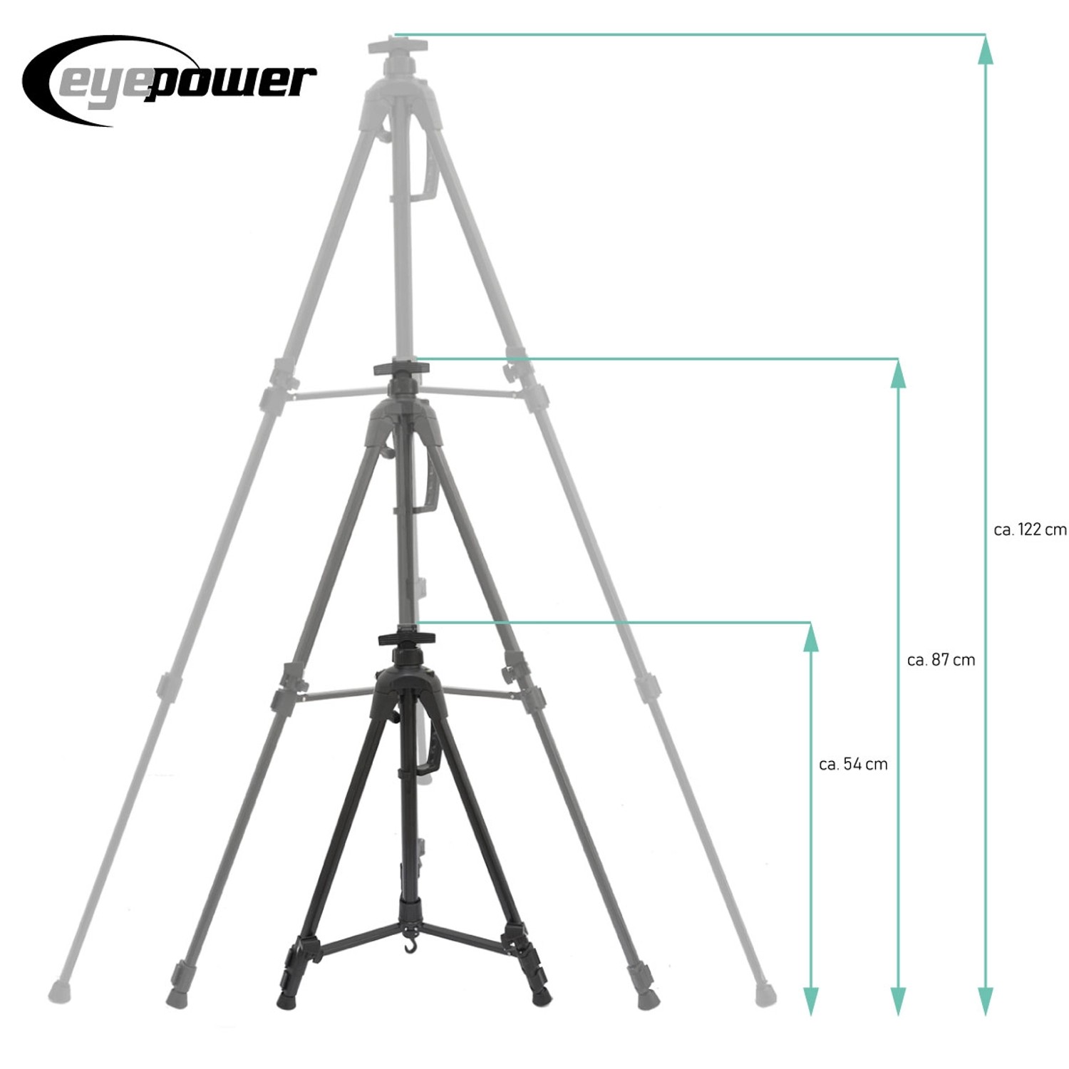 Schwarze eyepower Aluminium Staffelei, 58x160cm, mit Höhenangaben. Ideal für Künstler.