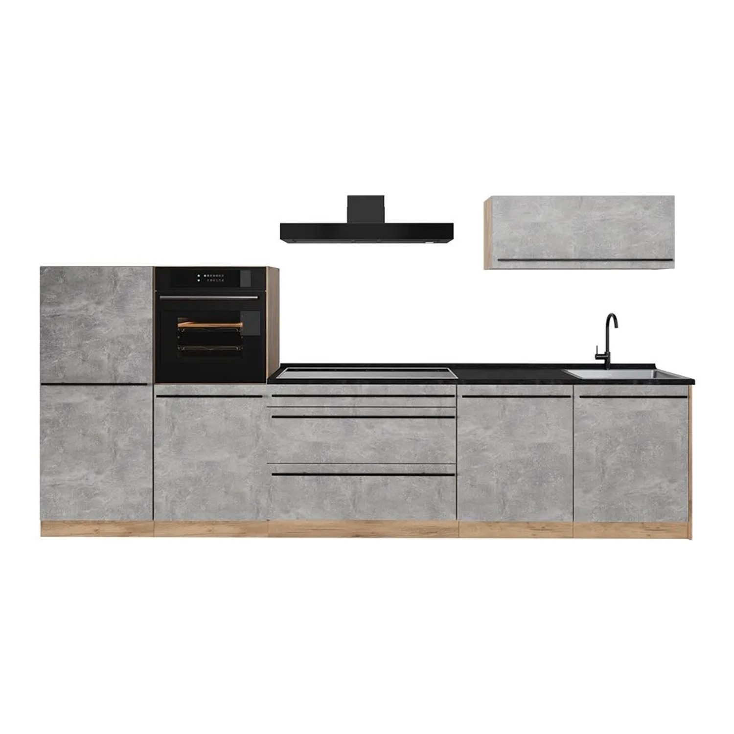 Vicco Küchenzeile R-Line Beton/Goldkraft Eiche 340 x 143 Arbeitsplatte Marmor Art Nr 67299
