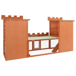 Großer, zweistöckiger Kaninchenstall / Kleintierkäfig aus Holz mit Drahtgitter.