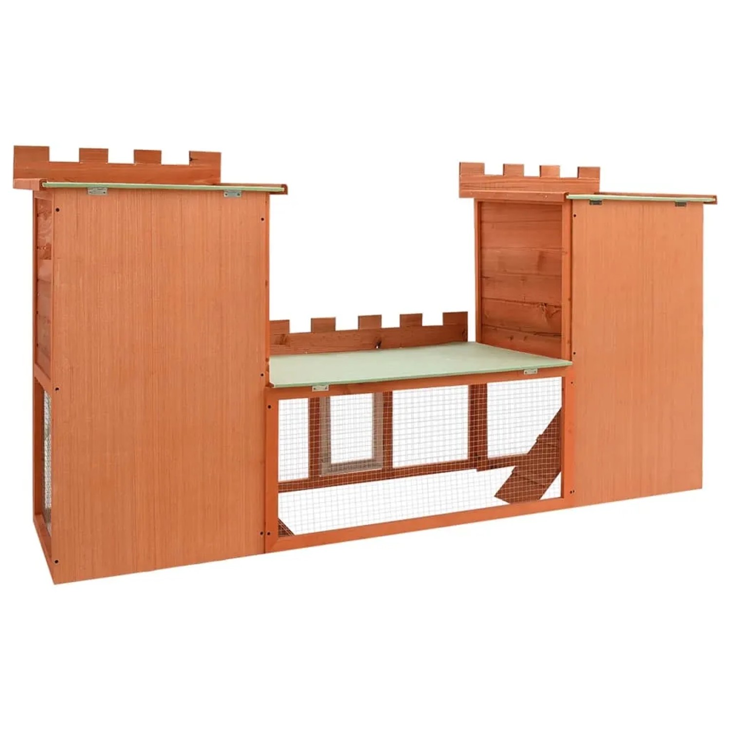Großer, zweistöckiger Kaninchenstall / Kleintierkäfig aus Holz mit Drahtgitter.