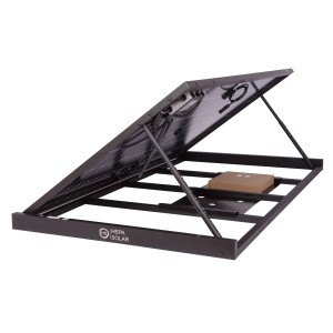 Hepa Solar Balkonkraftwerk Pro 400, Rückansicht mit Rahmen und Wechselrichter.