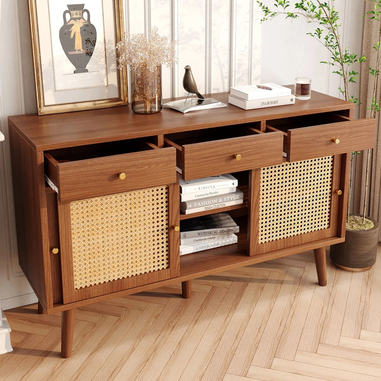 Merax Sideboard 120x40x78 cm Nussbaum Rattan 3 Schubladen 3 Schiebetüren_3
