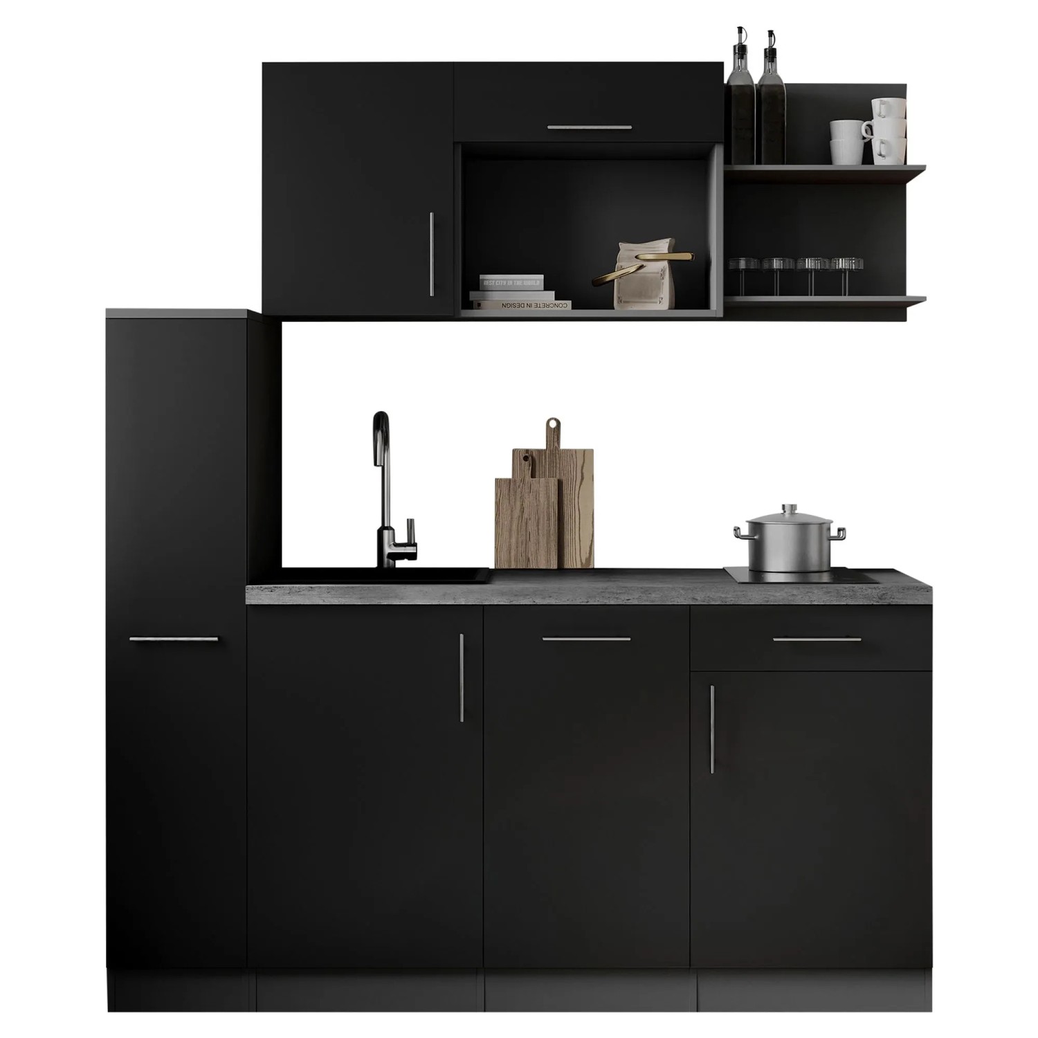 Respekta Singleküche Oliver 175 cm H 200 cm Schwarz Seidenglanz ohne Mikrowelle
