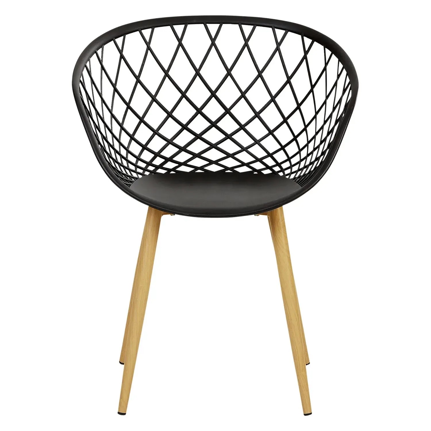 Homestyle4u Gartenstuhl 2er Set Schwarz: Schwarzer Stuhl mit Gittermuster und Holzoptik-Beinen.