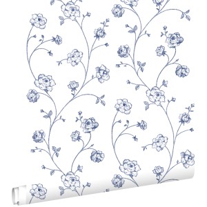 ESTAhome Tapete Toile De Jouy Rosen, weiß/blau, auf Rolle. Dekorative Vliestapete mit Rosenmuster.