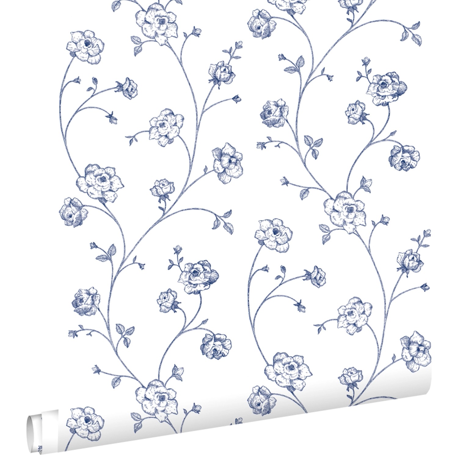 ESTAhome Tapete Toile De Jouy Rosen Weiß und Blau 0,53 x 10,05 m 139300 günstig online kaufen