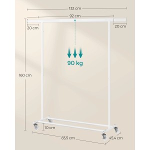 Weißer Songmics Kleiderständer mit Rollen und Maßangaben (45,4 x 132 x 160 cm).