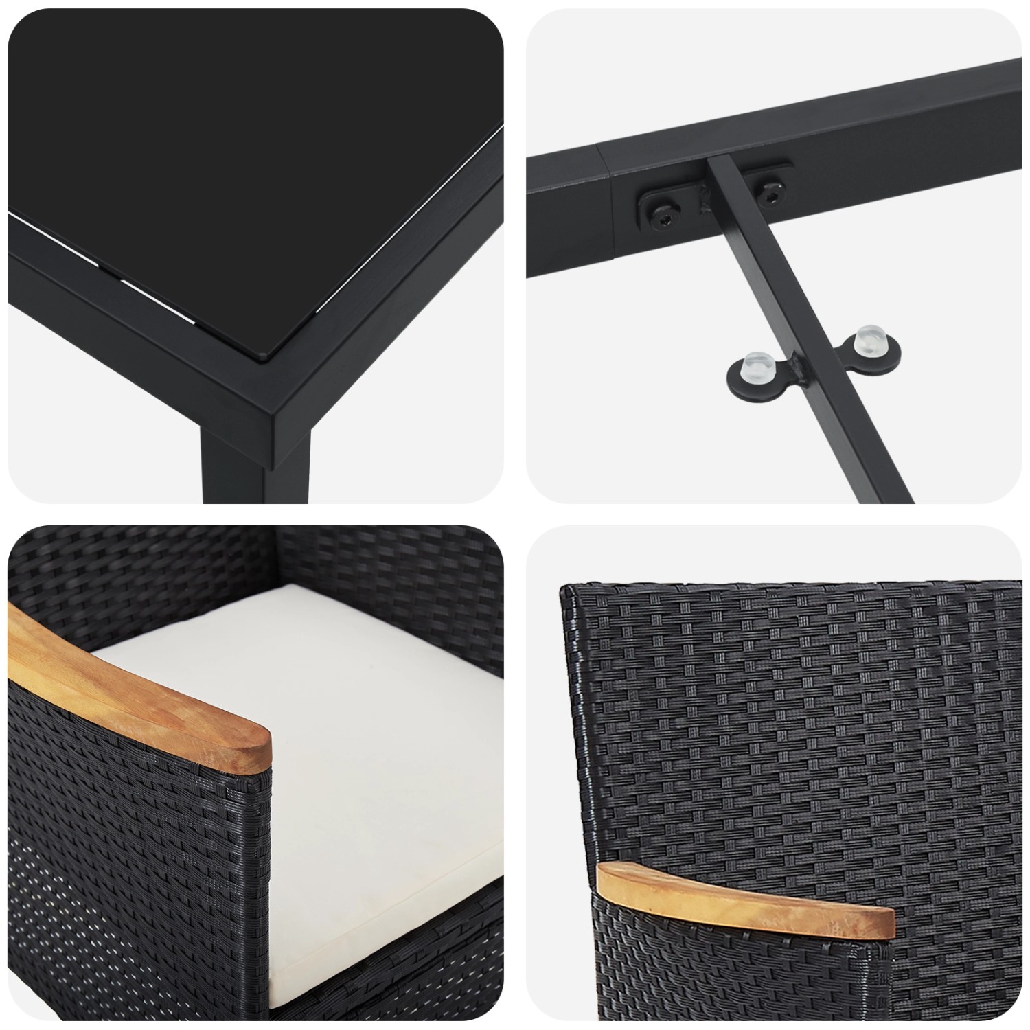 Detailansichten der vidaXL Garten Essgruppe, 3-teilig, schwarz, Poly Rattan, mit Tischplatte aus Glas und Akazienholz Armlehnen.
