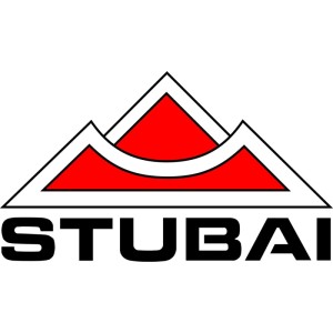 Stubai Logo: Schwarzer Schriftzug, rotes Bergmotiv. Marke für Waschbeton-Plattenheber.