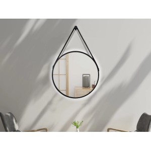 Runder LED-Lichtspiegel Silver Barbier, Ø 50 cm, mit schwarzem Rahmen und Lederband-Aufhängung.