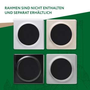 Vier OneKeyElectro Kreuzschalter-Einsätze in Weiß, Beige, Schwarz, Grau. Quadratisch, runder schwarzer Knopf, Unterputz, ohne Rahmen.