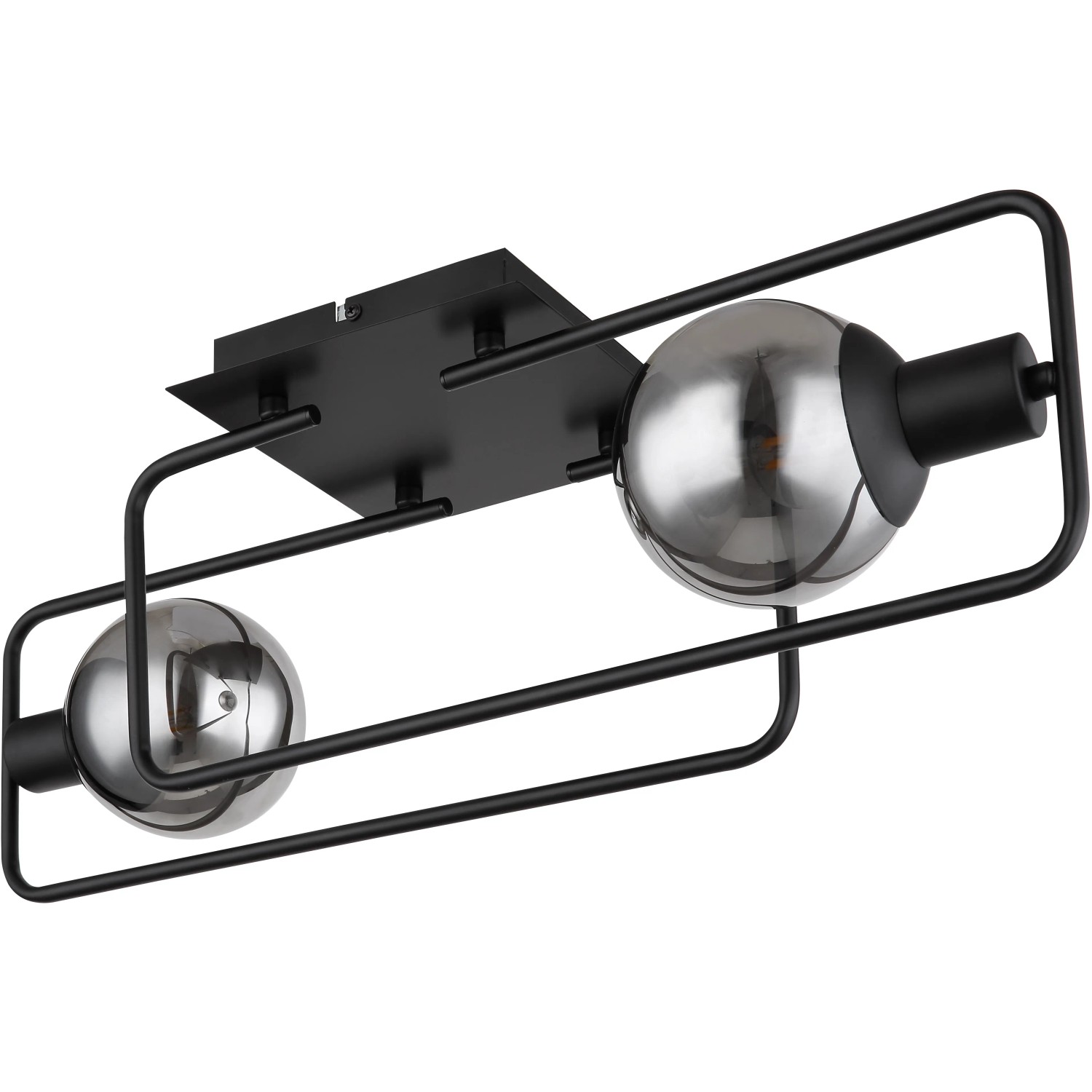 Moderne Globo Deckenleuchte Blama, 2-flammig, schwarz matt mit rauchfarbenen Glasschirmen.