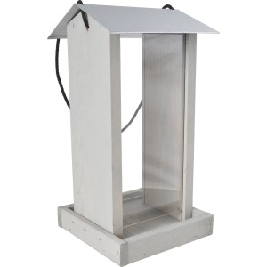 Graues Vogelhaus aus Kiefernholz mit Metalldach zum Aufhängen. Futterspender für Wildvögel.