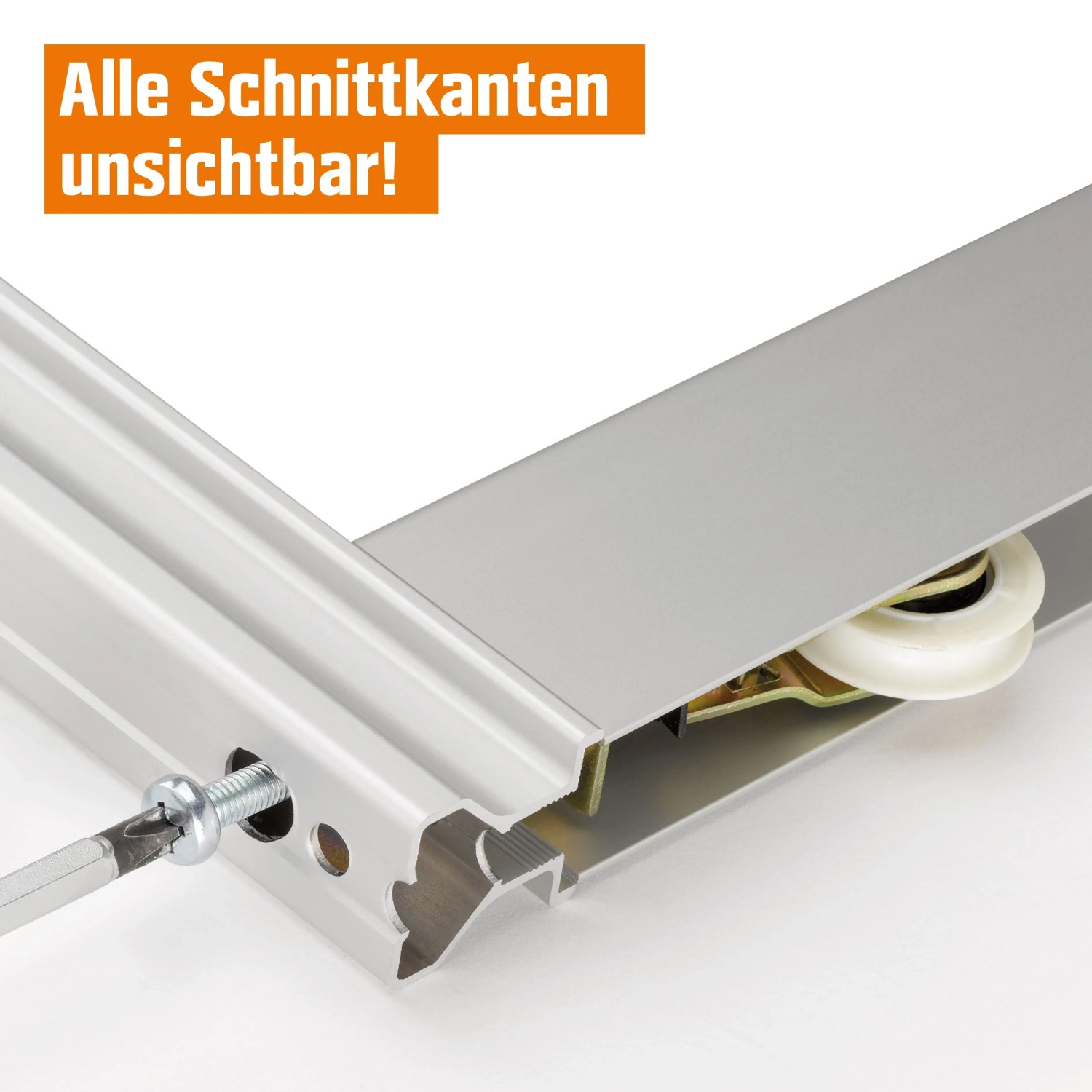 Detailaufnahme Schiebetür-Baupaket Profil Silber Reinweiß mit Rollen und Schraube.