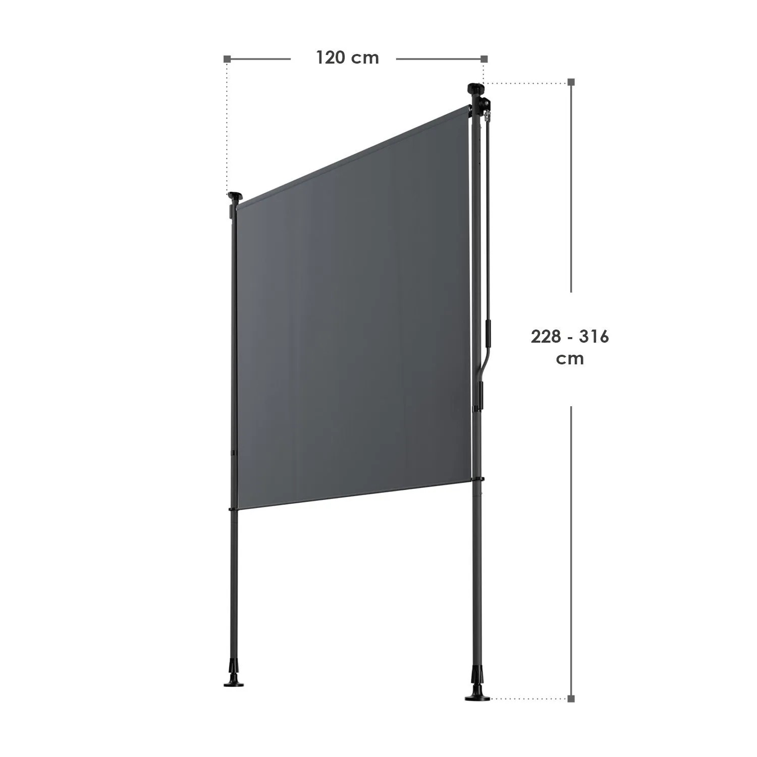 Graue Juskys Senkrechtmarkise Barbados 120x310 cm, ausziehbarer Sicht- und Sonnenschutz für Balkon und Terrasse.