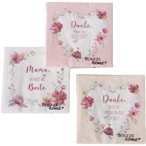 Boltze Servietten Elsie, 20 Stück, sortiert mit Blumenmuster und Schriftzügen.