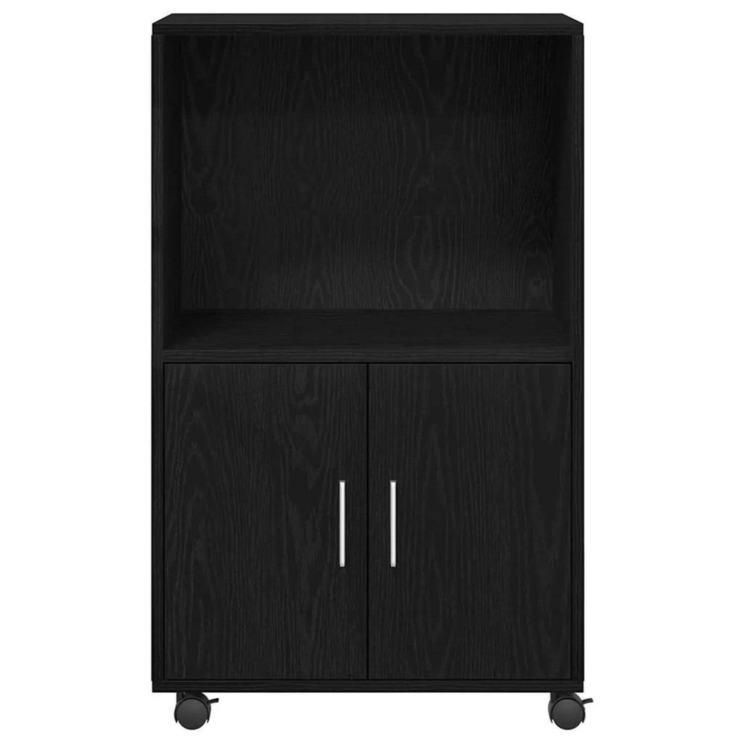 Rollender Schrank in Schwarz Eichen-Optik mit offenem Fach, zwei Türen und Rollen. Vielseitiger Rollcontainer aus Holzwerkstoff.