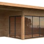Braun tauchgrundiertes Palmako Gartenhaus Andrea Slide Plus mit Schiebetüren und überdachtem Anbau.