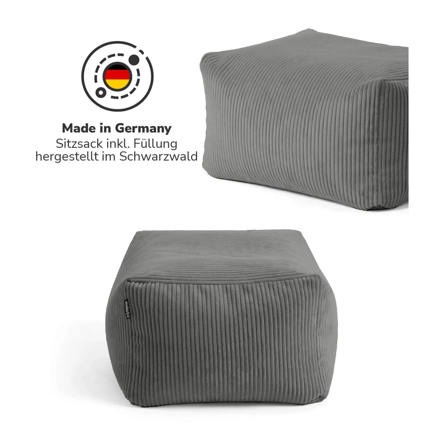 Anthrazitfarbener Cord Sitzhocker/Pouf von mokebo, eckig, ideal als Fußhocker oder zusätzliche Sitzgelegenheit.