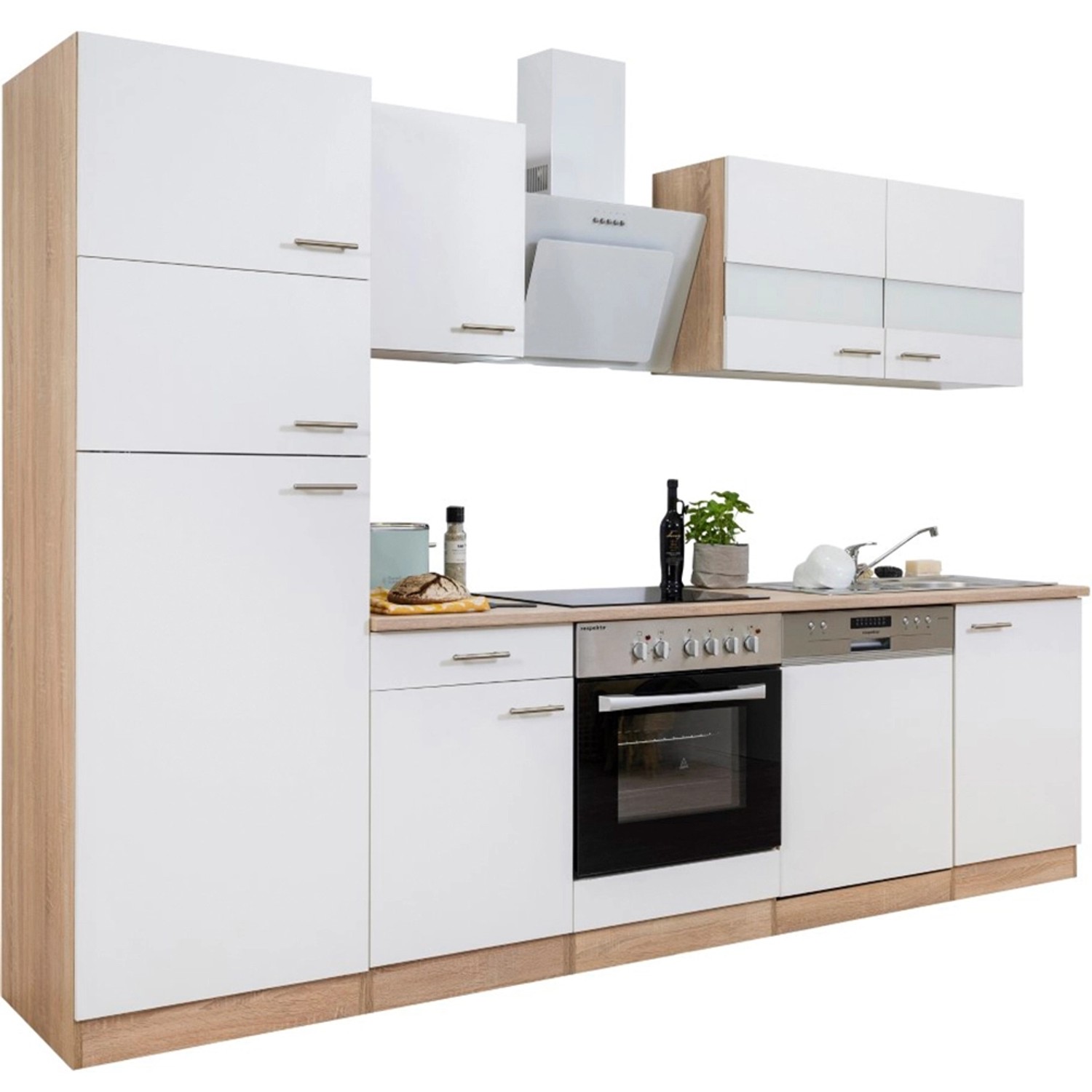 Respekta Küchenzeile KB280ESWCGKE, 280 cm, Weiß/Eiche Sägerau Nachbildung, mit E-Geräten.