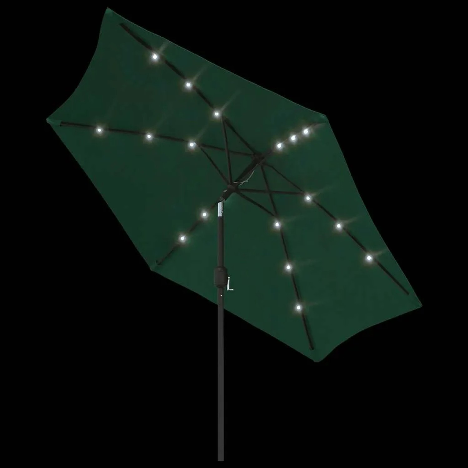 Grüner Ampelschirm 3m mit leuchtender LED-Beleuchtung. Schwarzer Stahlrahmen, ideal für Garten und Terrasse.