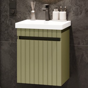 Planetmöbel COSMIA Waschtisch 50 cm Mintgrün Matt mit Keramikwaschbecken Schublade Armatur Matt Schwarz Soft Close