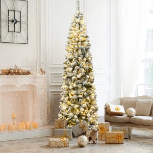 Costway Bleistift Weihnachtsbaum mit Schnee und Led-Leuchten 225cm