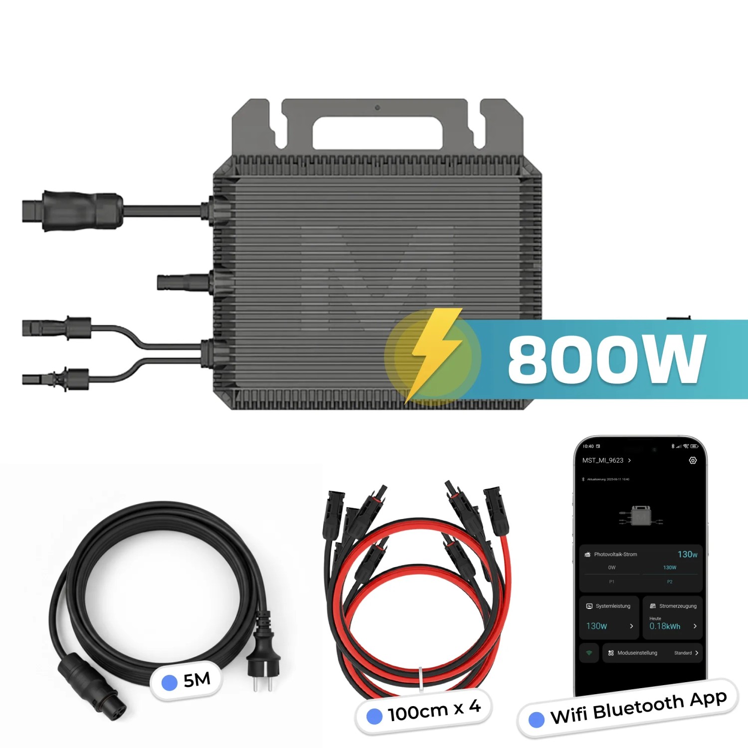 MARSTEK Mikro-Wechselrichter 800W für Balkonkraftwerk mit Kabeln und App-Steuerung.