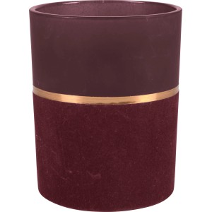 Beerefarbener Teelichthalter Blush Bordeaux aus Glas mit Samtbeschichtung und Goldrand.