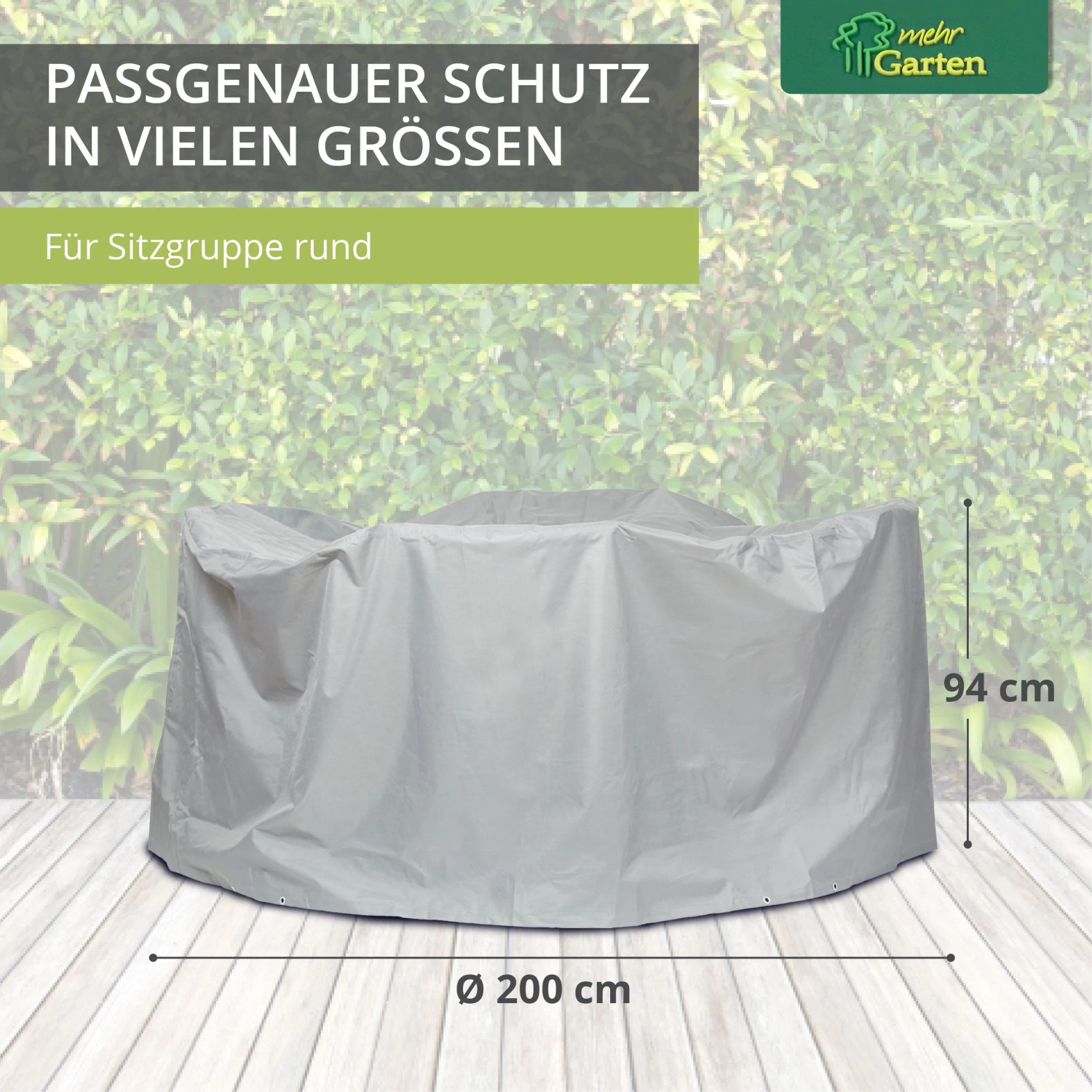 Graue Mehr Garten Schutzhülle für runde Sitzgruppe, Ø 200x94 cm, im Außenbereich.