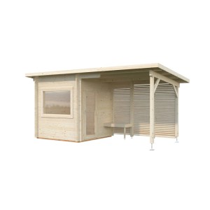 Palmako Sauna Sanna, naturbelassenes Saunahaus mit Vorraum, Bank und Sichtschutz.