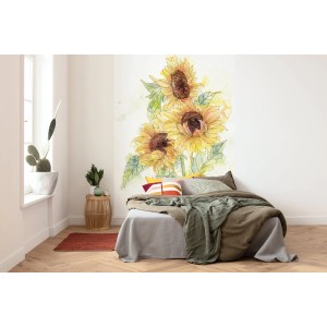 Komar Vliesfototapete Girasol mit Sonnenblumen-Motiv im Schlafzimmer.