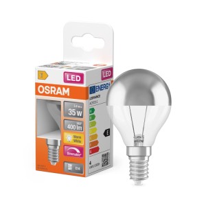 Osram E14 LED Leuchtmittel P35 Spiegel, 3.4W, dimmbar, warmweiß. Tropfenform mit verspiegelter Kappe.