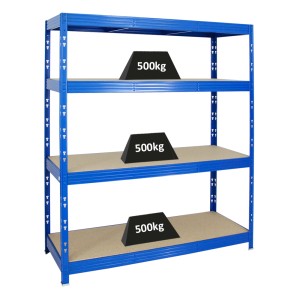 Blaues PROREGAL Schwerlastregal Rhino mit 4 Spanplatten-Ebenen und hoher Fachlast.